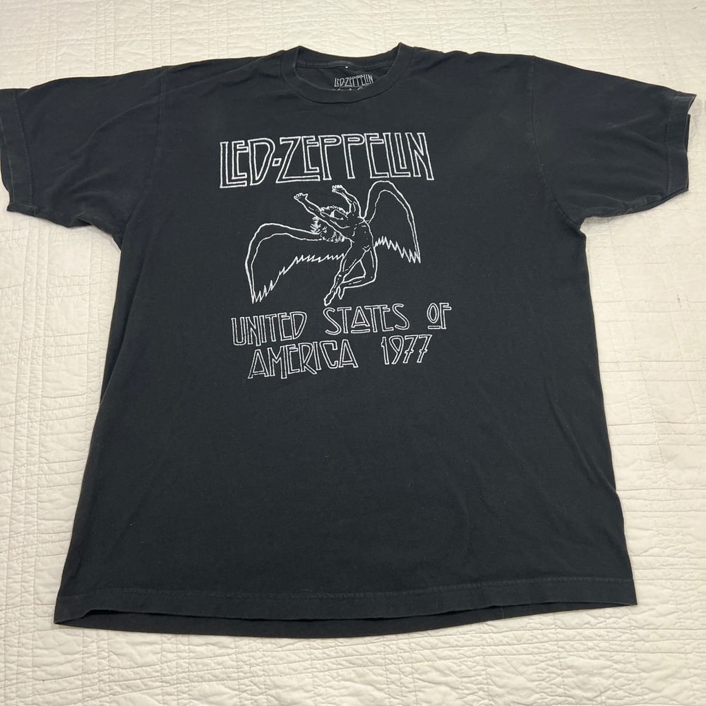 Led Zeppelin Mens XL Black Graphic Tee USA 1977 Tour Icarus Logo Cotton T-Shirt - Picture 2 of 6